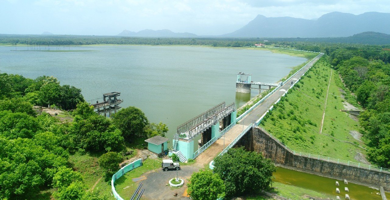 Meenkara Dam - peaceful forest reservoir surrounded by Western Ghats hills near Nelliyampathy, Palakkad, Kerala